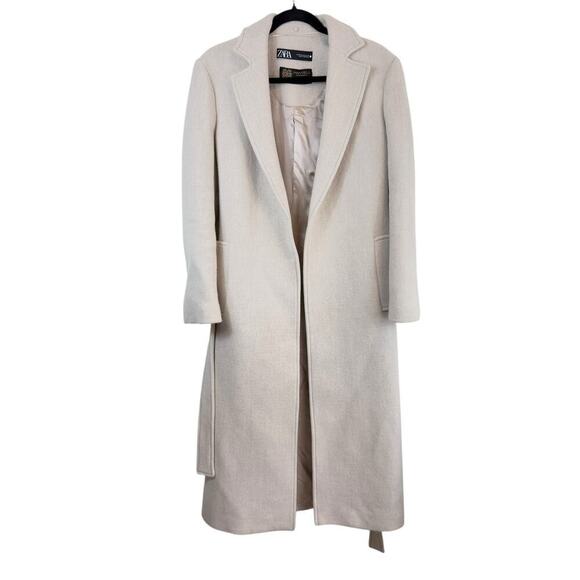 Zara Manteco Wool Blend Open Front Belted Long Coat Minimalist Chic Beige Sz XS - Picture 2 of 10